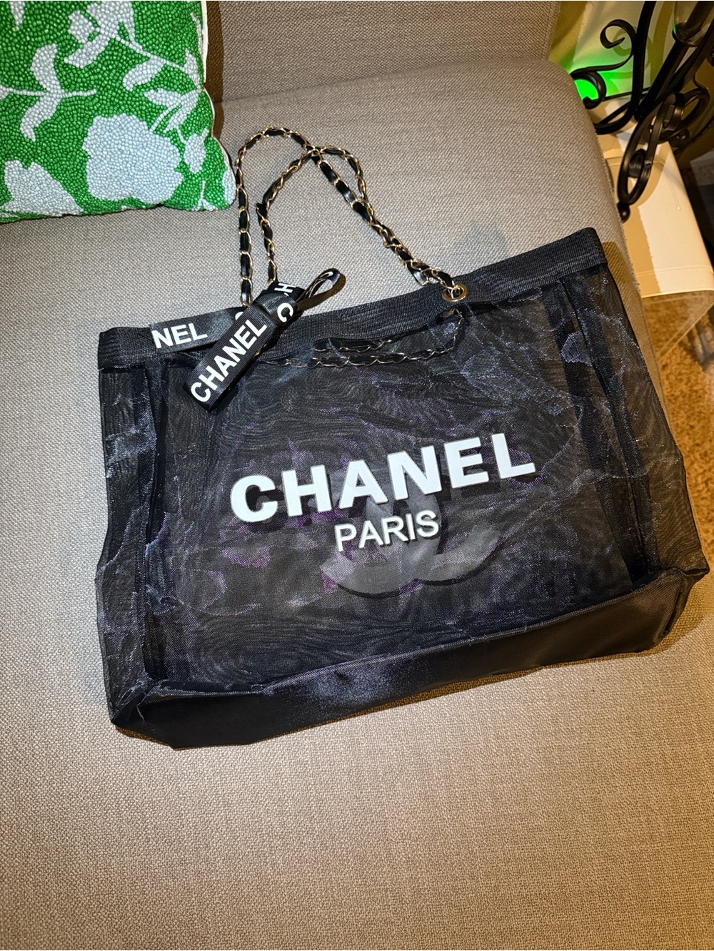 Black Mesh Tote with White Logo and Chain-Strap Accents - Picture 3 of 3